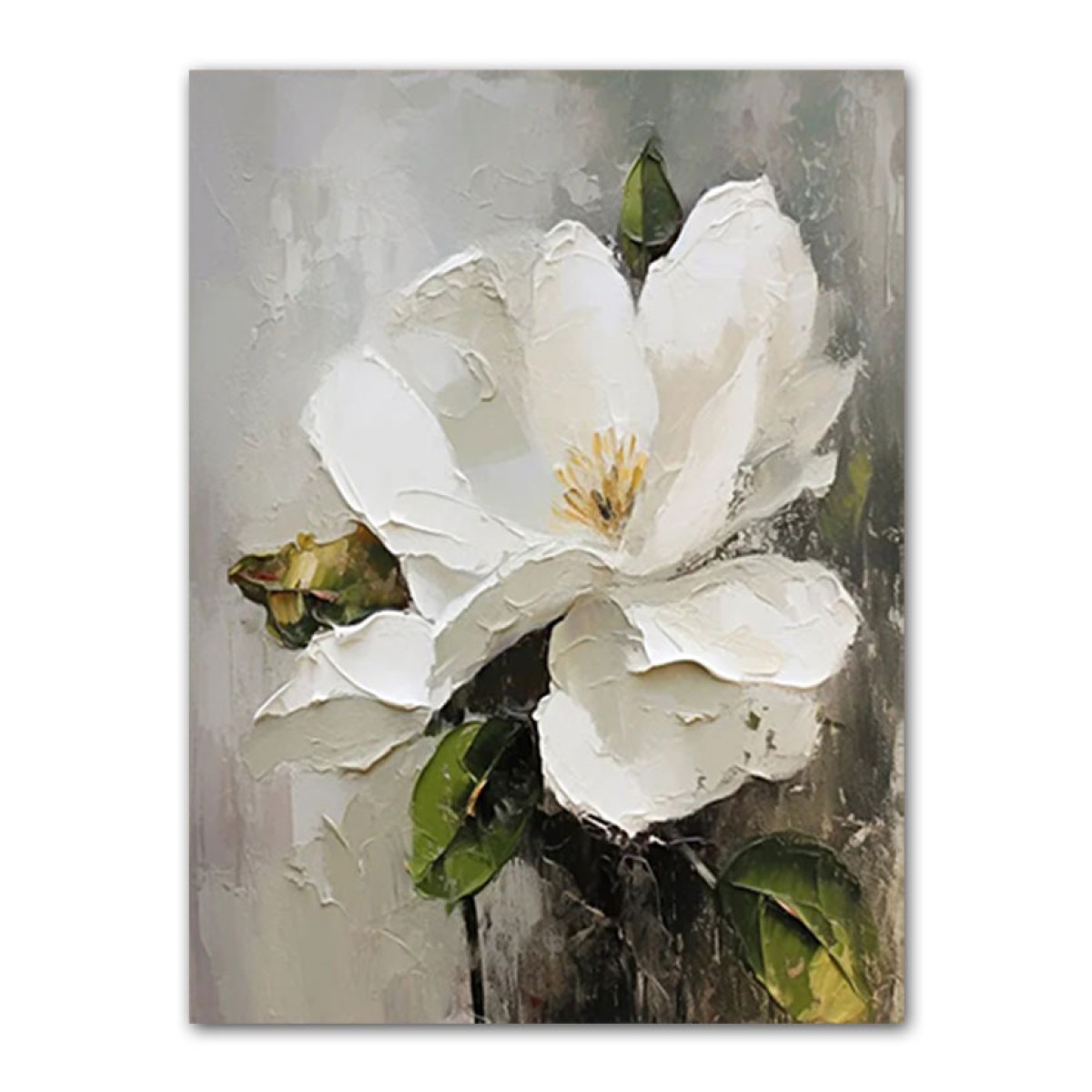 Big White Flower with Green Leaves 3d Heavy Textured Partial Oil Painting